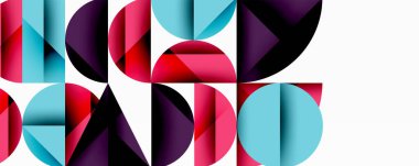 Çemberler ve üçgenlerin kesiştiği soyut geometrik desen. Yüksek kontrastlı kompozisyon derinlik yaratır ve dinamik, modern estetik