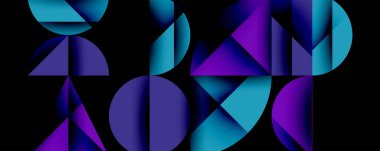 Çemberler ve üçgenlerin kesiştiği soyut geometrik desen. Yüksek kontrastlı kompozisyon derinlik yaratır ve dinamik, modern estetik