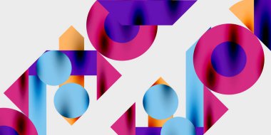 Dinamik geometrik bir kompozisyonda daireler, çizgiler ve üçgenler içeren modern soyut bir arkaplan. Tarz, teknoloji veya yaratıcı temalı tasarımlar için mükemmel.