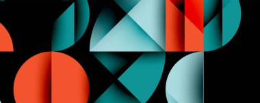 Çemberler ve üçgenlerin kesiştiği soyut geometrik desen. Yüksek kontrastlı kompozisyon derinlik yaratır ve dinamik, modern estetik