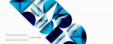 Katmanlı gradyan şekilli soyut geometrik arkaplan dinamik desenler oluşturuyor. Üst üste binen yarı daireler ve üçgenler derinlik ve karşıtlık yaratır