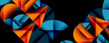 Katmanlı gradyan şekilli soyut geometrik arkaplan dinamik desenler oluşturuyor. Üst üste binen yarı daireler ve üçgenler derinlik ve karşıtlık yaratır