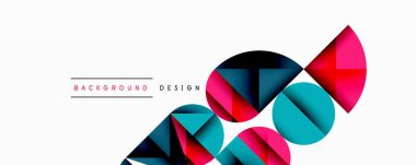 Katmanlı gradyan şekilli soyut geometrik arkaplan dinamik desenler oluşturuyor. Üst üste binen yarı daireler ve üçgenler derinlik ve karşıtlık yaratır