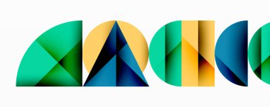 Katmanlı gradyan şekilli soyut geometrik arkaplan dinamik desenler oluşturuyor. Üst üste binen yarı daireler ve üçgenler derinlik ve karşıtlık yaratır