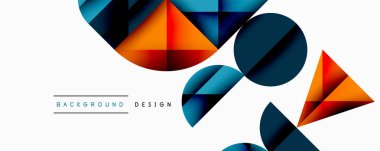 Katmanlı gradyan şekilli soyut geometrik arkaplan dinamik desenler oluşturuyor. Üst üste binen yarı daireler ve üçgenler derinlik ve karşıtlık yaratır