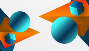 Soyut tasarım izometrik küpleri, piramitleri, kareleri ve küreleri canlı bir 3D düzende sergiliyor. Modern ve dinamik, teknoloji, tasarım veya gelecek temalar için mükemmel