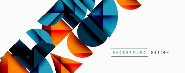 Katmanlı gradyan şekilli soyut geometrik arkaplan dinamik desenler oluşturuyor. Üst üste binen yarı daireler ve üçgenler derinlik ve karşıtlık yaratır