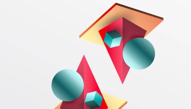 Soyut tasarım izometrik küpleri, piramitleri, kareleri ve küreleri canlı bir 3D düzende sergiliyor. Modern ve dinamik, teknoloji, tasarım veya gelecek temalar için mükemmel