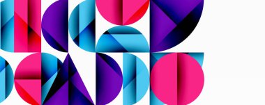 Katmanlı gradyan şekilli soyut geometrik arkaplan dinamik desenler oluşturuyor. Üst üste binen yarı daireler ve üçgenler derinlik ve karşıtlık yaratır