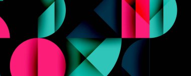 Çemberler ve üçgenlerin kesiştiği soyut geometrik desen. Yüksek kontrastlı kompozisyon derinlik yaratır ve dinamik, modern estetik