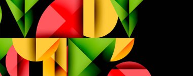 Katmanlı gradyan şekilli soyut geometrik arkaplan dinamik desenler oluşturuyor. Üst üste binen yarı daireler ve üçgenler derinlik ve karşıtlık yaratır