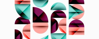 Katmanlı gradyan şekilli soyut geometrik arkaplan dinamik desenler oluşturuyor. Üst üste binen yarı daireler ve üçgenler derinlik ve karşıtlık yaratır