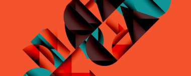 Katmanlı gradyan şekilli soyut geometrik arkaplan dinamik desenler oluşturuyor. Üst üste binen yarı daireler ve üçgenler derinlik ve karşıtlık yaratır