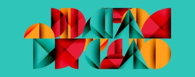 Katmanlı gradyan şekilli soyut geometrik arkaplan dinamik desenler oluşturuyor. Üst üste binen yarı daireler ve üçgenler derinlik ve karşıtlık yaratır