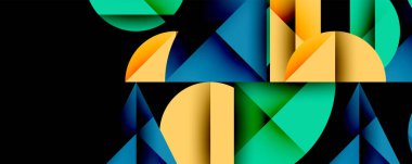 Katmanlı gradyan şekilli soyut geometrik arkaplan dinamik desenler oluşturuyor. Üst üste binen yarı daireler ve üçgenler derinlik ve karşıtlık yaratır