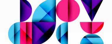 Katmanlı gradyan şekilli soyut geometrik arkaplan dinamik desenler oluşturuyor. Üst üste binen yarı daireler ve üçgenler derinlik ve karşıtlık yaratır