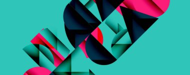 Çemberler ve üçgenlerin kesiştiği soyut geometrik desen. Yüksek kontrastlı kompozisyon derinlik yaratır ve dinamik, modern estetik