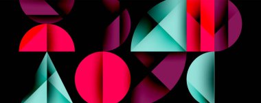 Çemberler ve üçgenlerin kesiştiği soyut geometrik desen. Yüksek kontrastlı kompozisyon derinlik yaratır ve dinamik, modern estetik