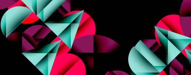 Çemberler ve üçgenlerin kesiştiği soyut geometrik desen. Yüksek kontrastlı kompozisyon derinlik yaratır ve dinamik, modern estetik