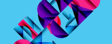 Katmanlı gradyan şekilli soyut geometrik arkaplan dinamik desenler oluşturuyor. Üst üste binen yarı daireler ve üçgenler derinlik ve karşıtlık yaratır