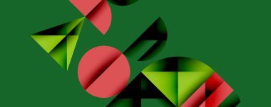 Katmanlı gradyan şekilli soyut geometrik arkaplan dinamik desenler oluşturuyor. Üst üste binen yarı daireler ve üçgenler derinlik ve karşıtlık yaratır