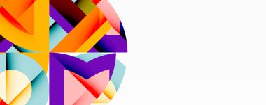 Birbirine kenetlenmiş dairesel ve açısal şekillerle soyut geometrik bileşim, pürüzsüz gradyanlar ve beyaz arkaplan üzerinde keskin karşıtlıklar