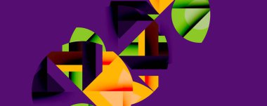 Daireler, yarı daireler, kareler ve yuvarlak üçgenler. Duvar kağıdı, afiş, arkaplan, kart, kitap illüstrasyonu, iniş sayfası için geometrik mozaik mozaik desen soyut arkaplan