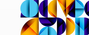 Çemberler ve üçgenlerin kesiştiği soyut geometrik desen. Yüksek kontrastlı kompozisyon derinlik yaratır ve dinamik, modern estetik