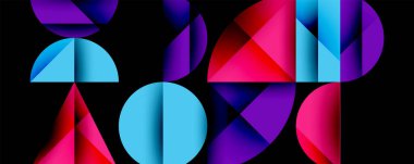 Katmanlı gradyan şekilli soyut geometrik arkaplan dinamik desenler oluşturuyor. Üst üste binen yarı daireler ve üçgenler derinlik ve karşıtlık yaratır