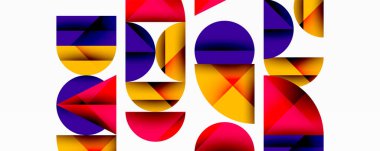 Katmanlı gradyan şekilli soyut geometrik arkaplan dinamik desenler oluşturuyor. Üst üste binen yarı daireler ve üçgenler derinlik ve karşıtlık yaratır