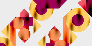 Dinamik geometrik bir kompozisyonda daireler, çizgiler ve üçgenler içeren modern soyut bir arkaplan. Tarz, teknoloji veya yaratıcı temalı tasarımlar için mükemmel.