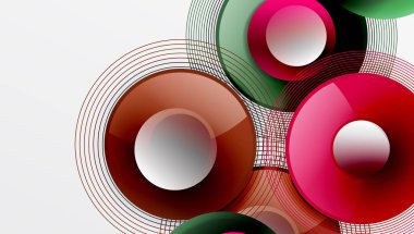 Üst üste binen dairelerin, düzgün eğimli ve şeffaflık efektli soyut bileşimi. Temiz ve modern tasarım derinliği, simetriyi ve asgari estetiği vurguluyor