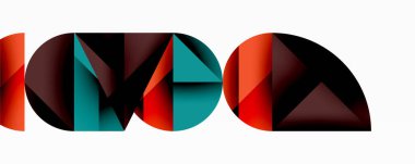 Katmanlı gradyan şekilli soyut geometrik arkaplan dinamik desenler oluşturuyor. Üst üste binen yarı daireler ve üçgenler derinlik ve karşıtlık yaratır