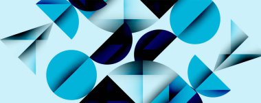 Katmanlı gradyan şekilli soyut geometrik arkaplan dinamik desenler oluşturuyor. Üst üste binen yarı daireler ve üçgenler derinlik ve karşıtlık yaratır