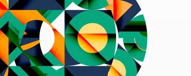 Daireler, yarı daireler, kareler ve yuvarlak üçgenler. Duvar kağıdı, afiş, arkaplan, kart, kitap illüstrasyonu, iniş sayfası için geometrik mozaik mozaik desen soyut arkaplan