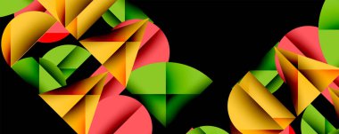 Katmanlı gradyan şekilli soyut geometrik arkaplan dinamik desenler oluşturuyor. Üst üste binen yarı daireler ve üçgenler derinlik ve karşıtlık yaratır