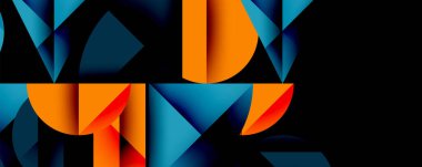 Katmanlı gradyan şekilli soyut geometrik arkaplan dinamik desenler oluşturuyor. Üst üste binen yarı daireler ve üçgenler derinlik ve karşıtlık yaratır