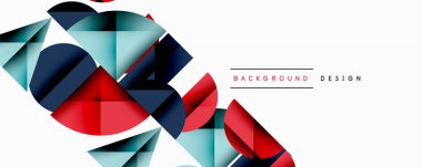 Katmanlı gradyan şekilli soyut geometrik arkaplan dinamik desenler oluşturuyor. Üst üste binen yarı daireler ve üçgenler derinlik ve karşıtlık yaratır