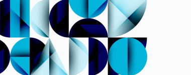 Katmanlı gradyan şekilli soyut geometrik arkaplan dinamik desenler oluşturuyor. Üst üste binen yarı daireler ve üçgenler derinlik ve karşıtlık yaratır