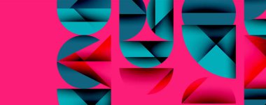 Katmanlı gradyan şekilli soyut geometrik arkaplan dinamik desenler oluşturuyor. Üst üste binen yarı daireler ve üçgenler derinlik ve karşıtlık yaratır