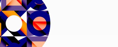 Birbirine kenetlenmiş dairesel ve açısal şekillerle soyut geometrik bileşim, pürüzsüz gradyanlar ve beyaz arkaplan üzerinde keskin karşıtlıklar