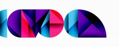 Katmanlı gradyan şekilli soyut geometrik arkaplan dinamik desenler oluşturuyor. Üst üste binen yarı daireler ve üçgenler derinlik ve karşıtlık yaratır