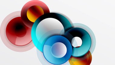 Üst üste binen dairelerin, düzgün eğimli ve şeffaflık efektli soyut bileşimi. Temiz ve modern tasarım derinliği, simetriyi ve asgari estetiği vurguluyor