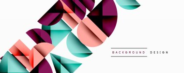 Katmanlı gradyan şekilli soyut geometrik arkaplan dinamik desenler oluşturuyor. Üst üste binen yarı daireler ve üçgenler derinlik ve karşıtlık yaratır