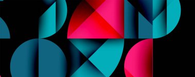 Katmanlı gradyan şekilli soyut geometrik arkaplan dinamik desenler oluşturuyor. Üst üste binen yarı daireler ve üçgenler derinlik ve karşıtlık yaratır