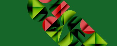 Katmanlı gradyan şekilli soyut geometrik arkaplan dinamik desenler oluşturuyor. Üst üste binen yarı daireler ve üçgenler derinlik ve karşıtlık yaratır