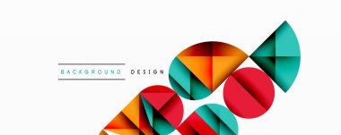 Katmanlı gradyan şekilli soyut geometrik arkaplan dinamik desenler oluşturuyor. Üst üste binen yarı daireler ve üçgenler derinlik ve karşıtlık yaratır