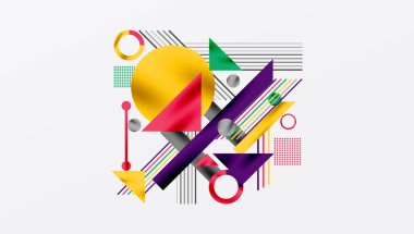 Kalın Şekiller ve Karşıt Renklerle Geometrik Soyut Arkaplan. Çemberler, üçgenler, kareler ve çizgiler gölge etkisiyle