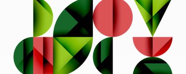 Katmanlı gradyan şekilli soyut geometrik arkaplan dinamik desenler oluşturuyor. Üst üste binen yarı daireler ve üçgenler derinlik ve karşıtlık yaratır