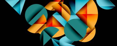 Katmanlı gradyan şekilli soyut geometrik arkaplan dinamik desenler oluşturuyor. Üst üste binen yarı daireler ve üçgenler derinlik ve karşıtlık yaratır